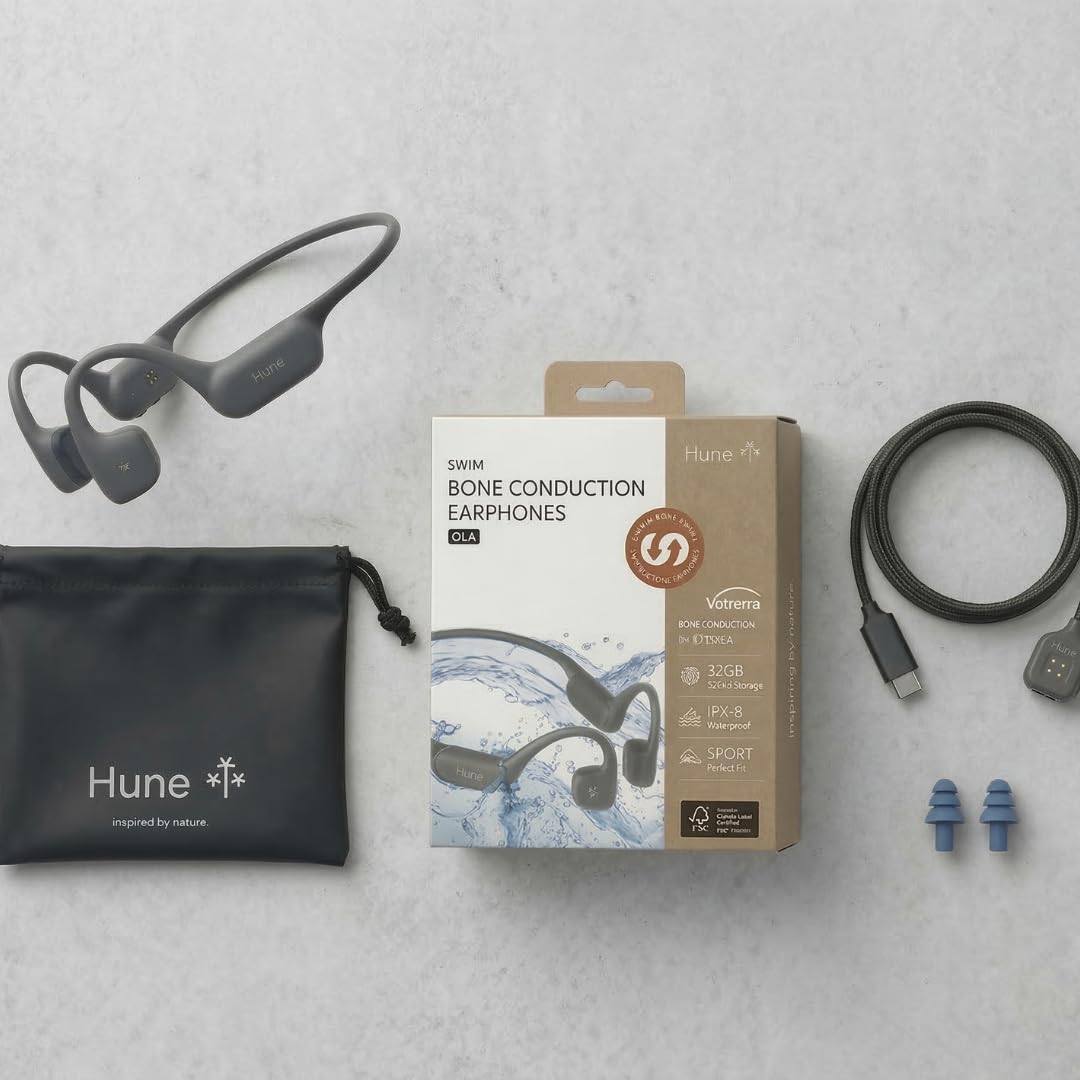 HUNE Ola - Cuffie a conduzione ossea, IP68, per nuoto e corsa, Bluetooth 6, orecchio aperto, autonomia 9h, ricarica rapida, memoria da 32 GB, plastica riciclata
