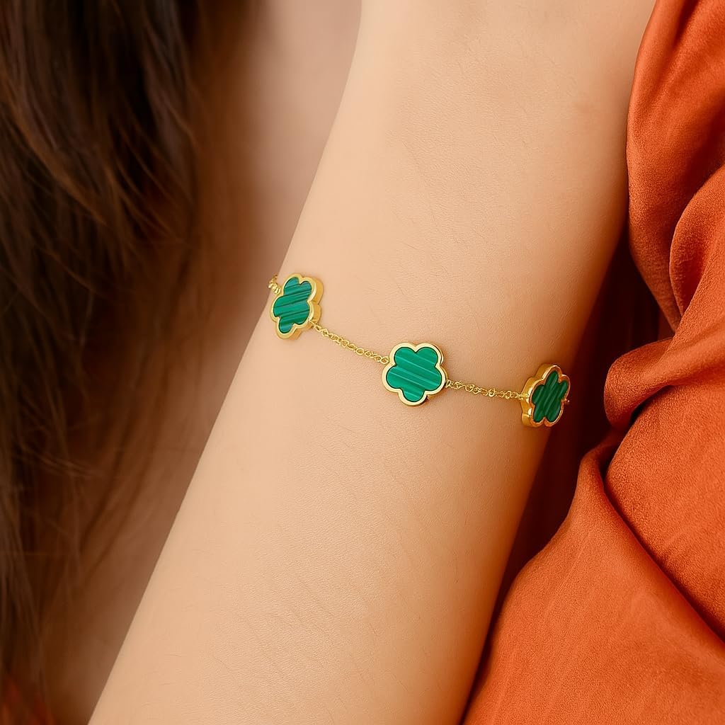 Ora & Eve 18K Gold Clover Bracelet for Women – Green Enamel Lucky Charm Link Chain, Waterproof & Tarnish-Free Adjustable Dainty Jewelry Gift