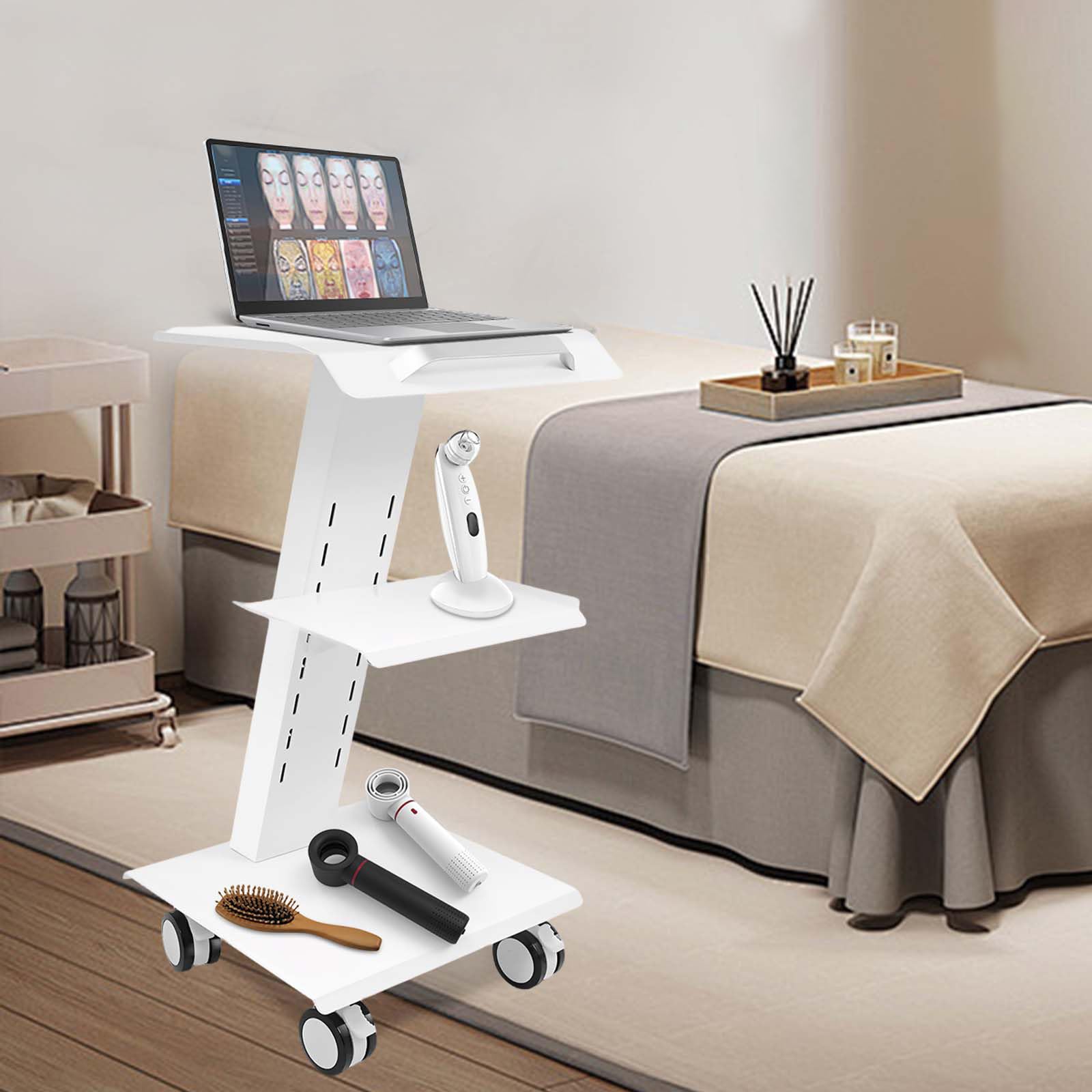 Carrello multifunzione da laboratorio, livello 3, con presa di corrente, carrello per attrezzi, clinica, pratica, studio cosmetico, altezza regolabile, in acciaio, con prese freni, con 3 connettori a