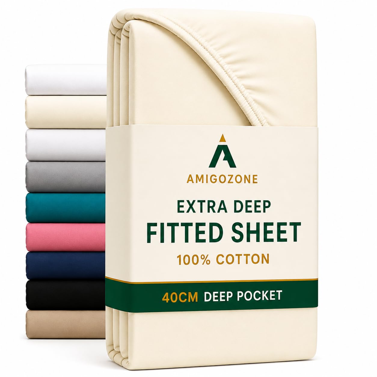 16"(40cm) Extra Deep Fitted Sheet 100% Cotton 200 Thread Count Fitted Sheet (Pillow Pair, Cream) — image 1