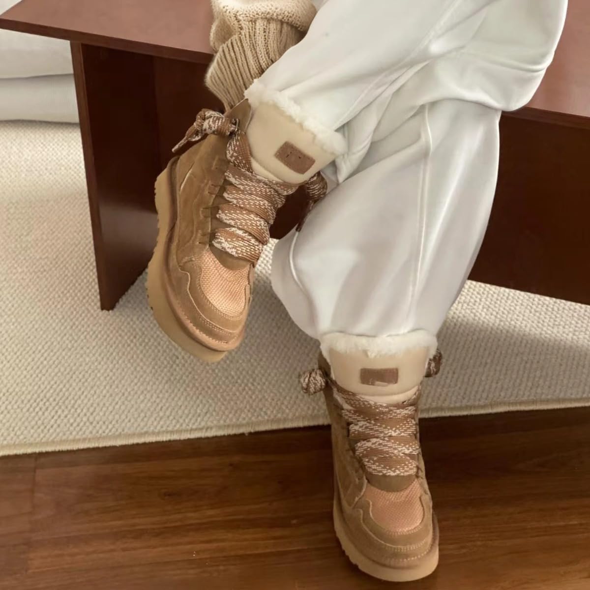 Padded Tongue Chunky Sneakers for Women Plush Lined Snow Boots Wide Lace Up Retro Style Outdoor Shoes Anti-Slip Cold Weather Footwear - Image 2