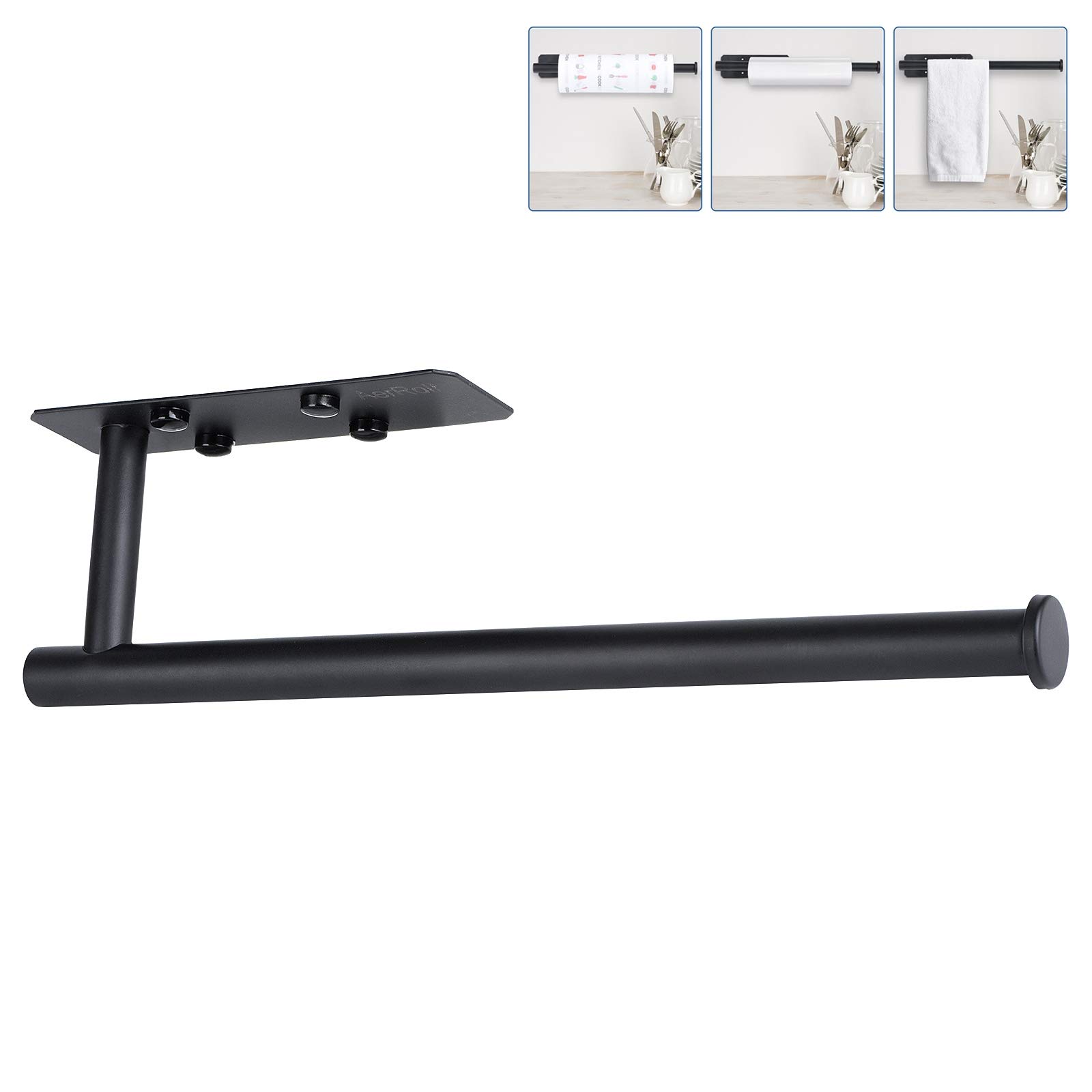 AerRoll Black Paper Towel Holder Under Cabinet Mount -Adhesive or Drilling Stick on Wall for Kitchen, Pantry, Sink and Bathroom, SUS304 Stainless Steel