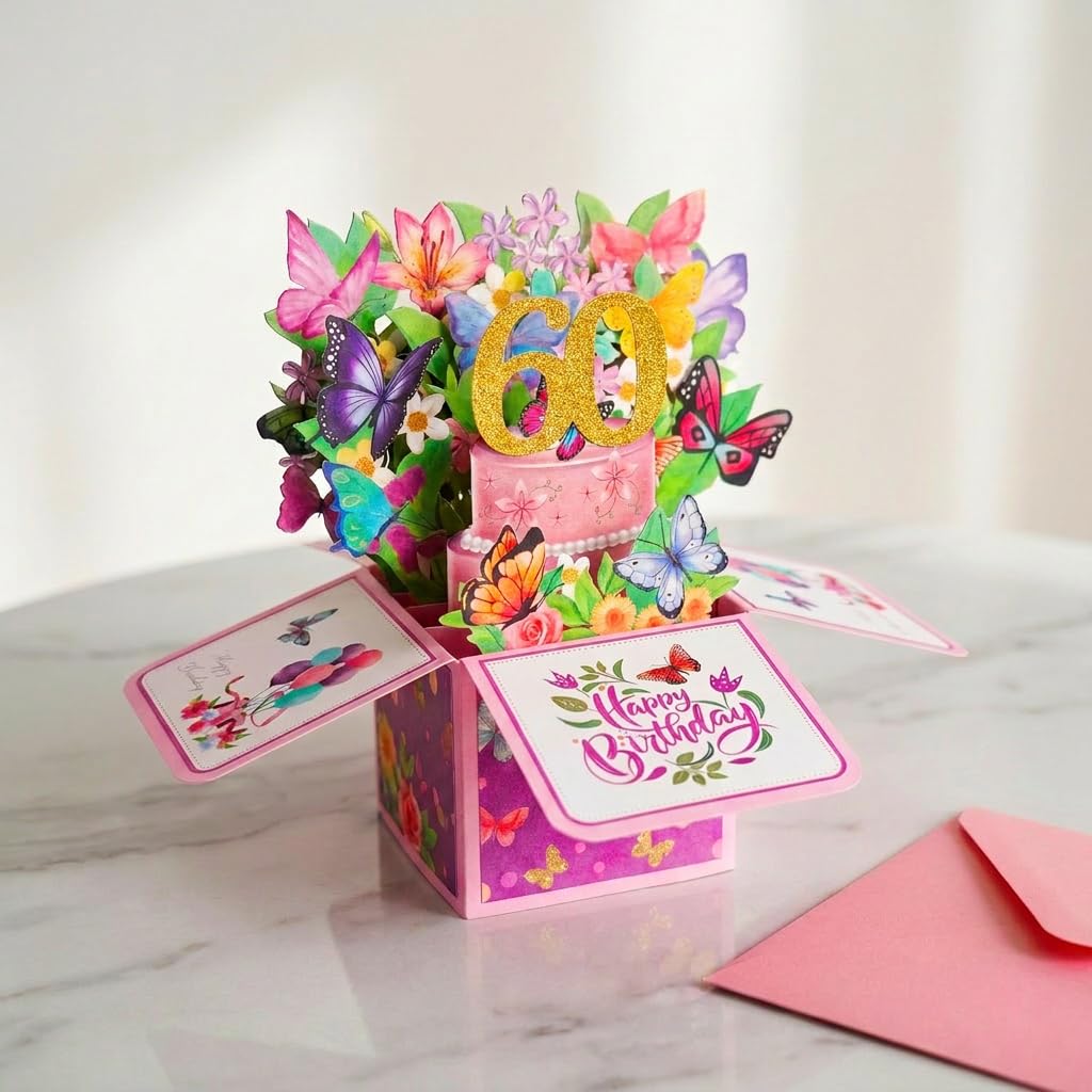 60th Birthday Card for Women - Pop Up 3D Floral Butterfly Card with Gold “60”， Keepsake Home Decor for Wife， Mother， Sister， Grandma - Elegant Standing Bouquet for 60 Year Old Birthday Gift