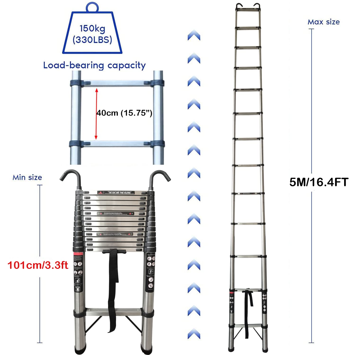 Scala telescopica da 5 m, con gancio, in acciaio inox, pieghevole, antiscivolo, design telescopico, in acciaio inox di alta qualità, portatile, leggera, portata 150 kg