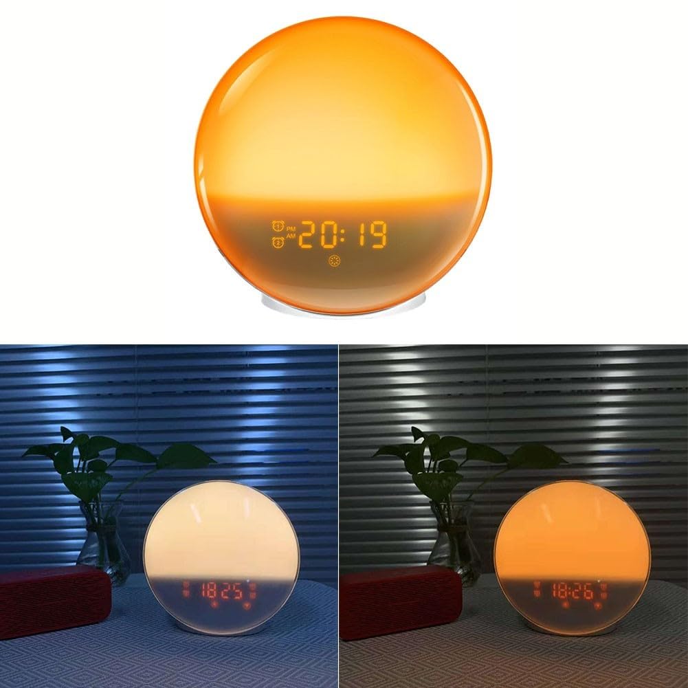 SPORTARC Reloj despertador con luz de despertador, luz de despertar con simulación de amanecer y atardecer, reloj despertador electrónico con luz nocturna LED con radio FM