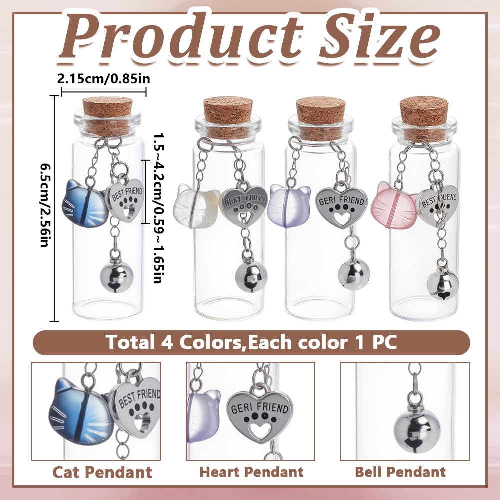 DELORIGIN 4Pcs Pet Hair Glass Memorial Bottle 4 Styles Transparent Empty Bottle with Bells Cat Charm Heart Shaped Plaque Vial for Ashes Or Hair Dog Or Cat Keepsake Pet Memorialize Gift - Image 2