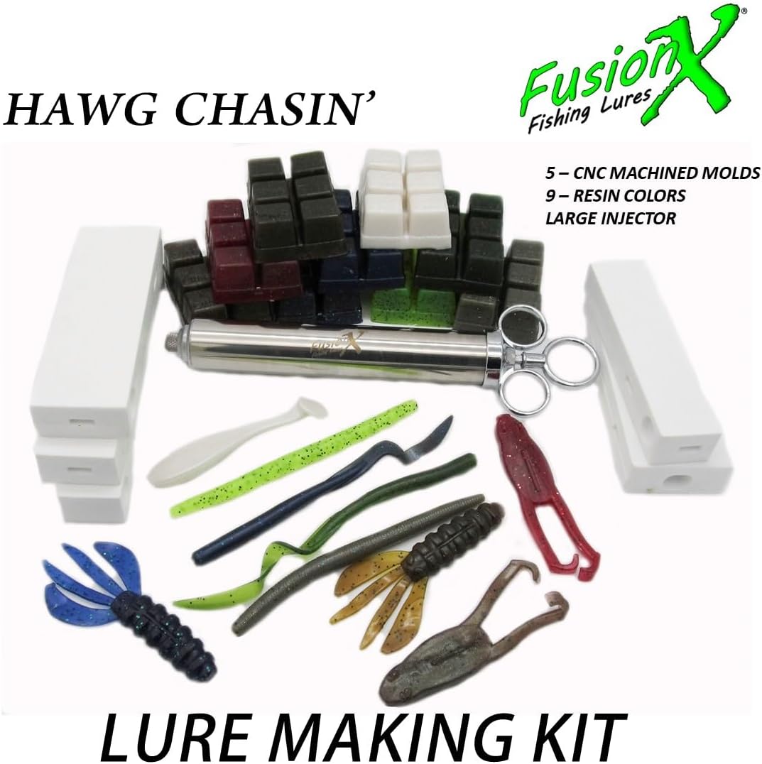 FusionX Hawg Chasin Soft Plastic Bass Fishing Lure Making Kit Molds Plastisol Resin and Injector Senko Frog Worm Creature Boss Swimbait Swim Shad Mold
