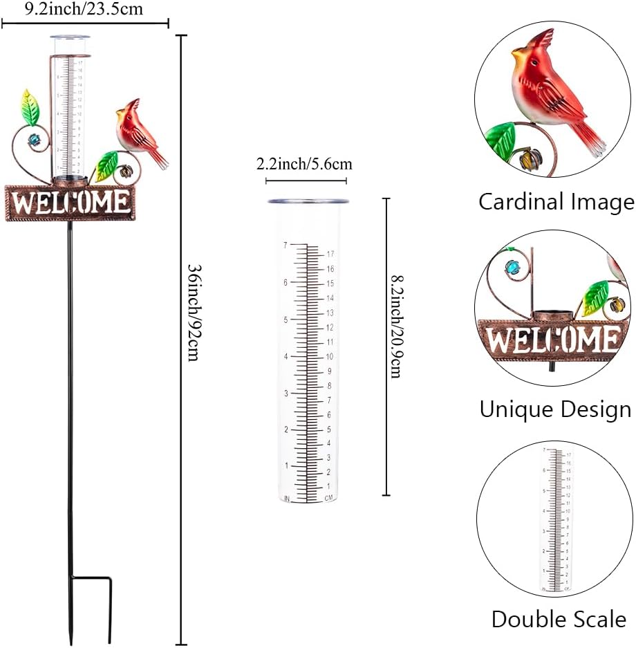 Stargarden Rain Gauge Outdoor, Metal Cardinal Rain Gauge, Rain Gauges with 7inch Plastic Tube, Decorative Rain Gauge for Yard, Garden, Lawn, Pathway