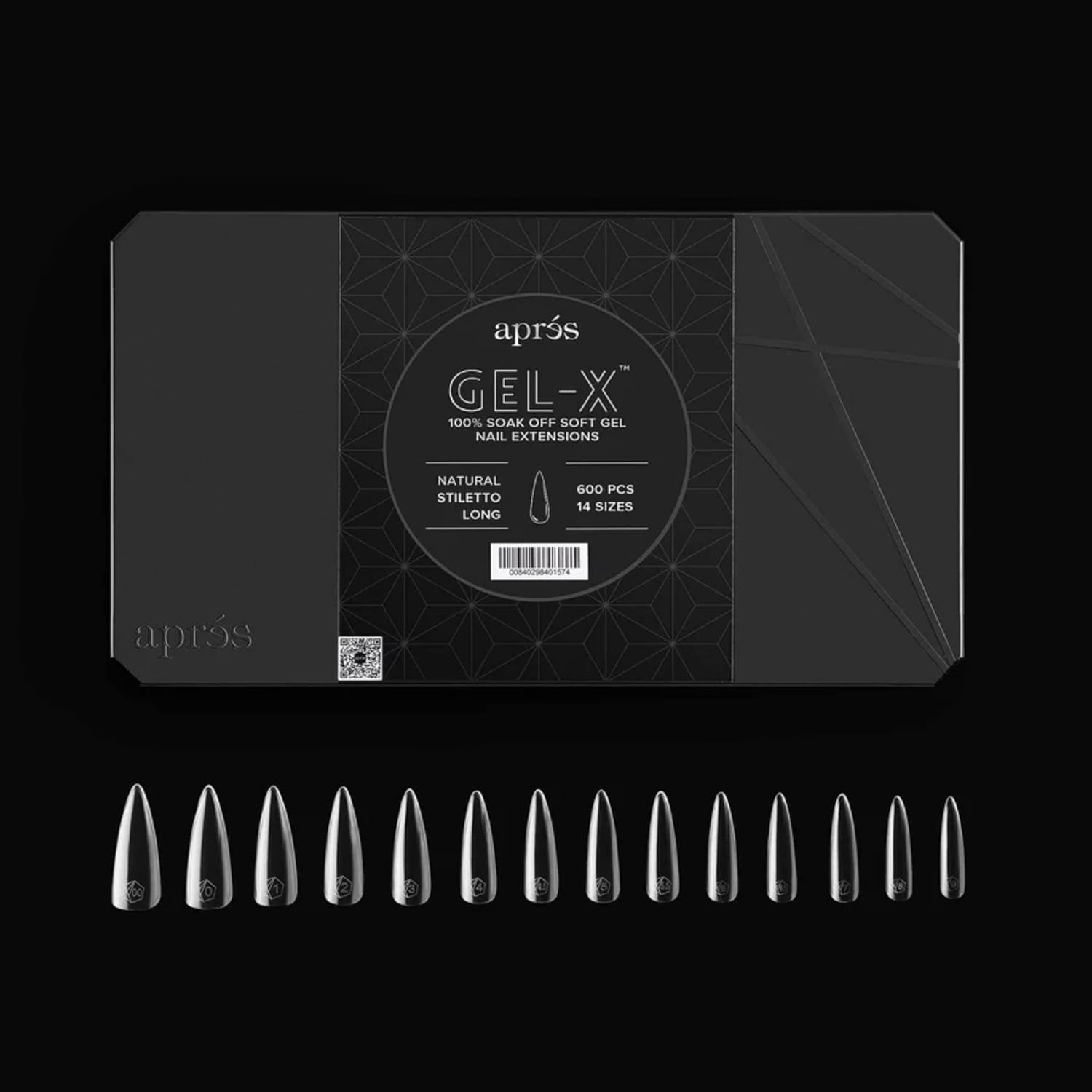 Apres Nail Gel-X Natural Stiletto Long Box of Tips | 600 Gel-X Tips, Premium Quality, 14 Sizes 00-9 | Half-sizes Included