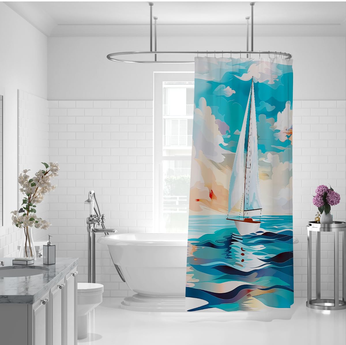 Rideau de Douche Salle de Bain voilier Aquarelle Vif 200 x 220 cm