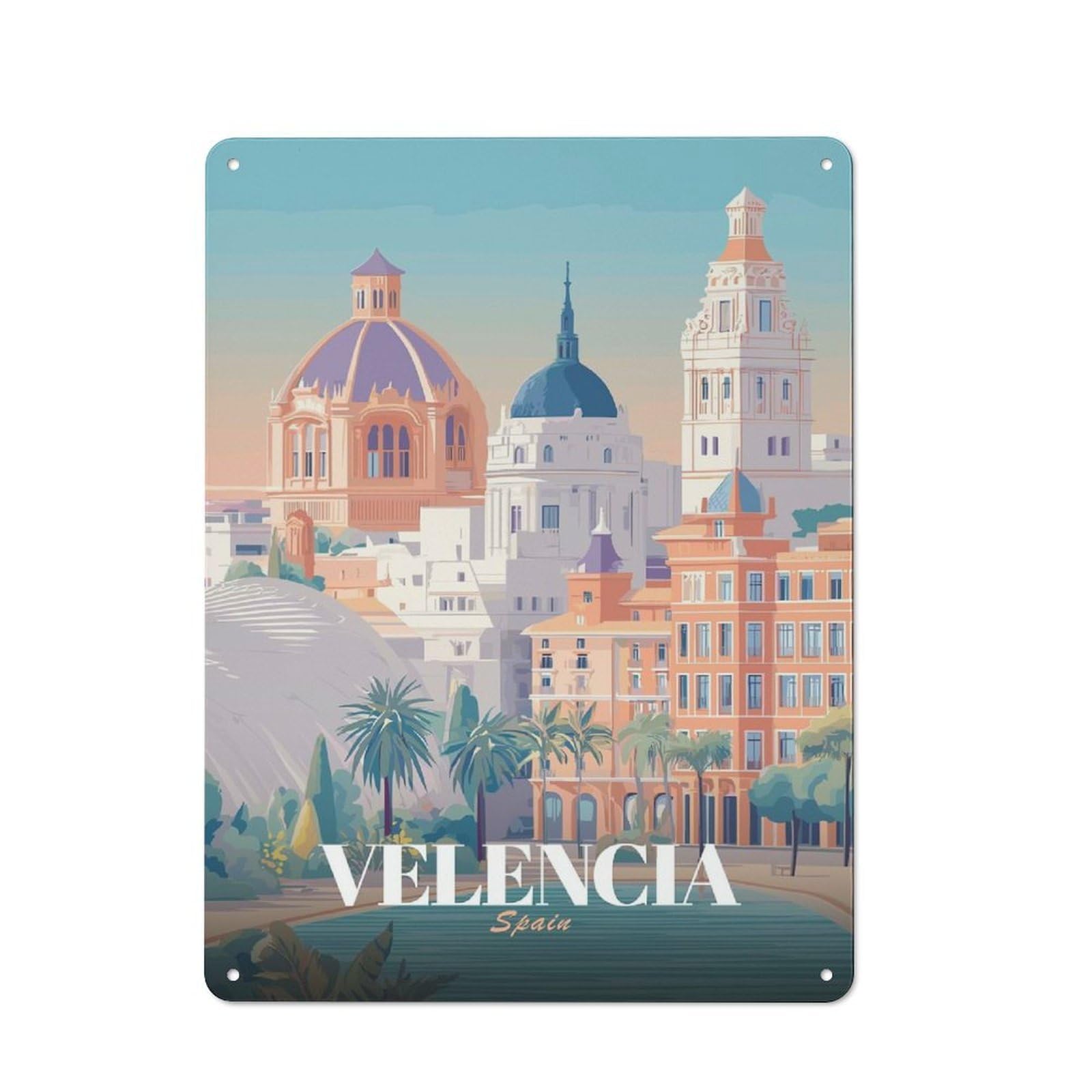 Junmoney Style-4 Metal Wall Plaque With Valencia, Spain Travel Design 40X30cm, Simple Retro Studio Wall Plaque For Hobby Room, Office, Lounge Or Living Room