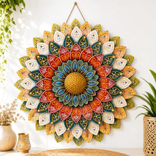 Image of SETHI AESTHETIC Metal Sunflower Wall Decor - Artistic Metal Wall Art Antique Rainbow Finish Stylish Daisy Flower Wall Art, Decorative Wall Decor for Living Room, Foyer, Home Decor, Size 54X54 CM (Metallic Rajasthani Heritage)