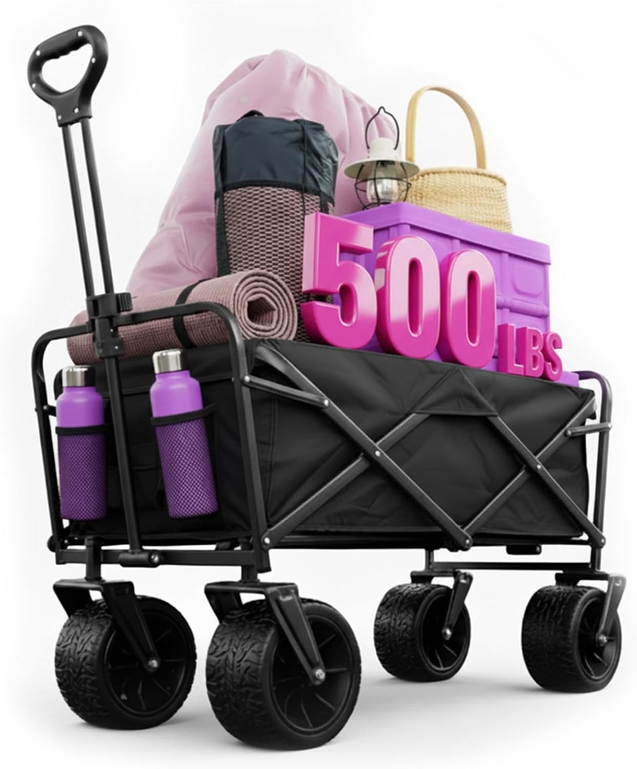 180L Collapsible Wagons Carts,Foldable Shopping Wagon Cart，500lbs Weight Capacity Beach Wagon with Wheels,Collapsible Folding Utility for Camping, Garden, Sports, Shopping (Black)