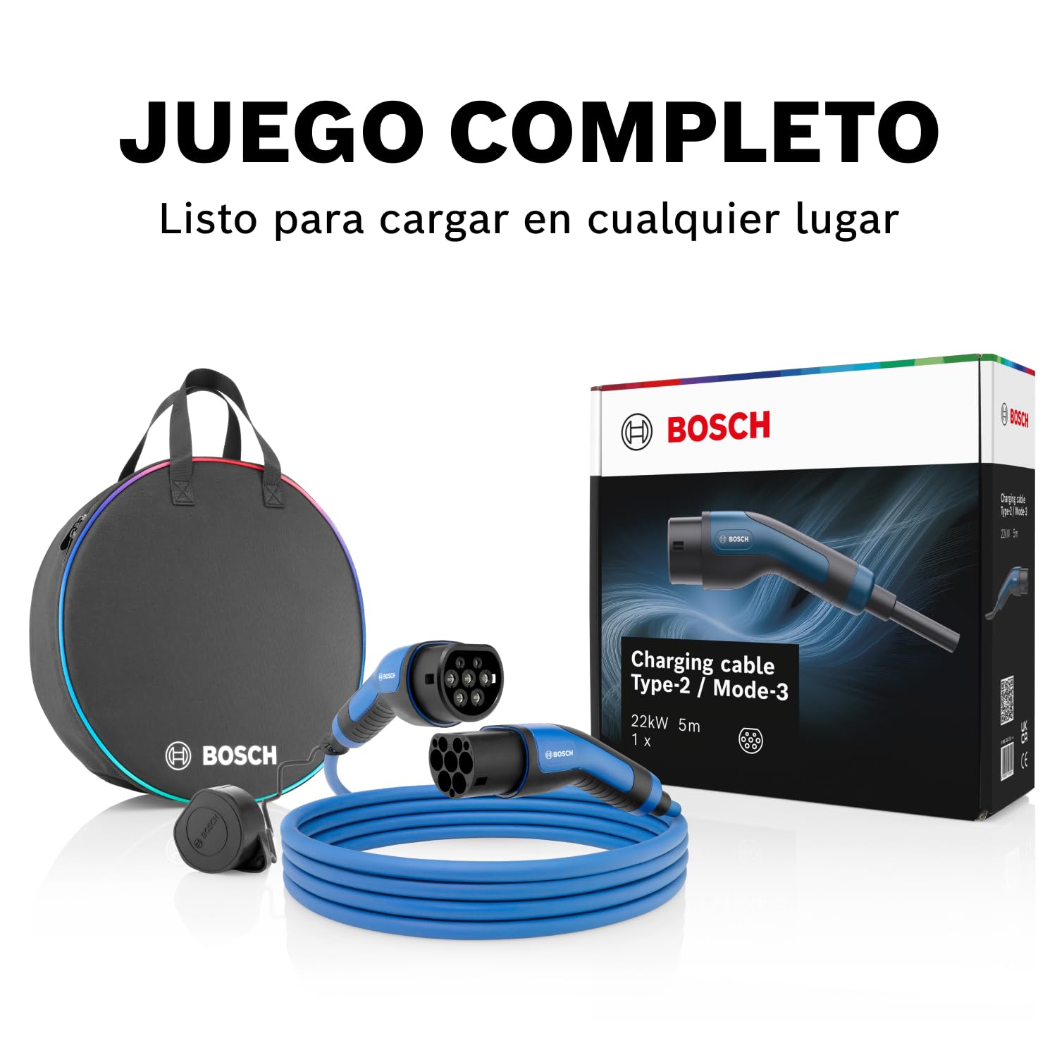 Bosch Cable de Carga EV - 22 kW, 5 Metros, trifásico, 32 A | cable resistente para vehículos eléctricos e híbridos enchufables - tipo 2 a tipo 2, modo 3 - incluye bolsa de transporte