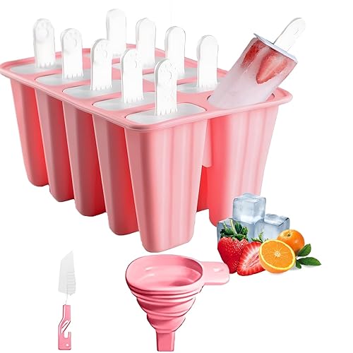 Silicone Popsicle Molds 10 Pcs Ice Pop Maker Molds with 10 Reusable Sticks, Cleaning Brush and Funnel - Homemade Easy-Release Reusable Popsicle Moulds Shapes (Pink) - Pink