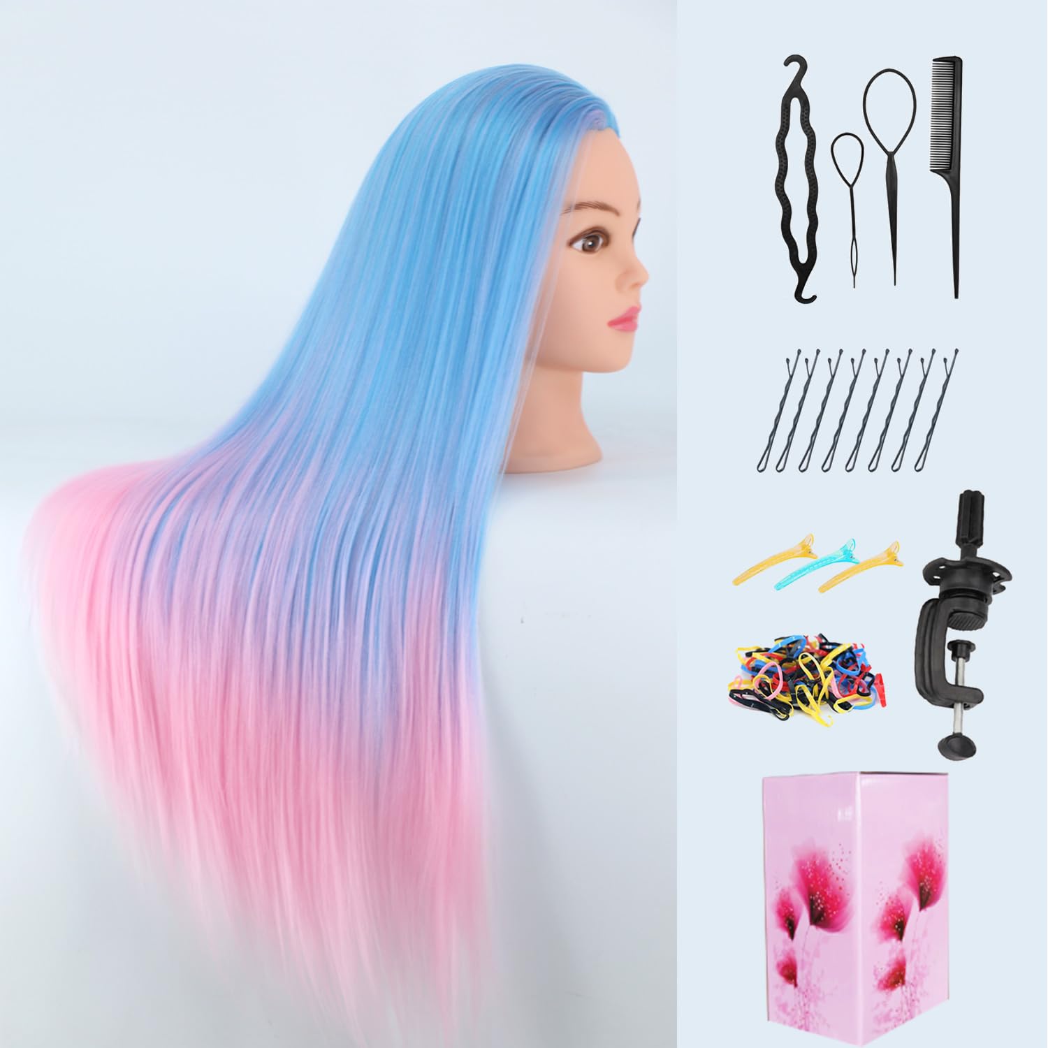 Mannequin Head with Hair, 29" Doll Head for Hair Styling Cosmetology Mannequin Head Hair Styling Hairdressing Practice Training Doll Heads with Clamp Holder (Light Blue&Pink)