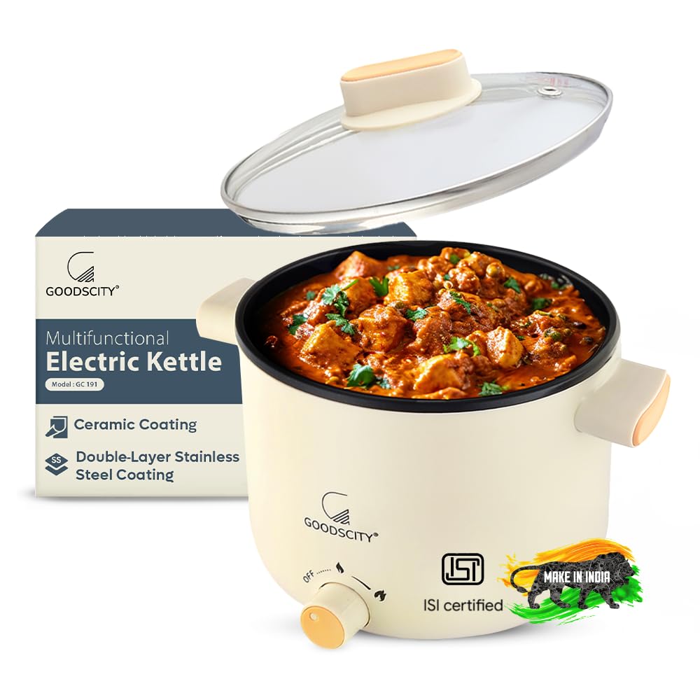 Goodscity Multipurpose Electric Kettle with Ceramic Coating 1.2L| Multi Cooker Kettle Boil, Steam, Fry, Saute|Multi Cook for Water, Egg, Tea,Soup,Coffee,Babyfood| Hostel,Travelling| 600W|1Year Waranty