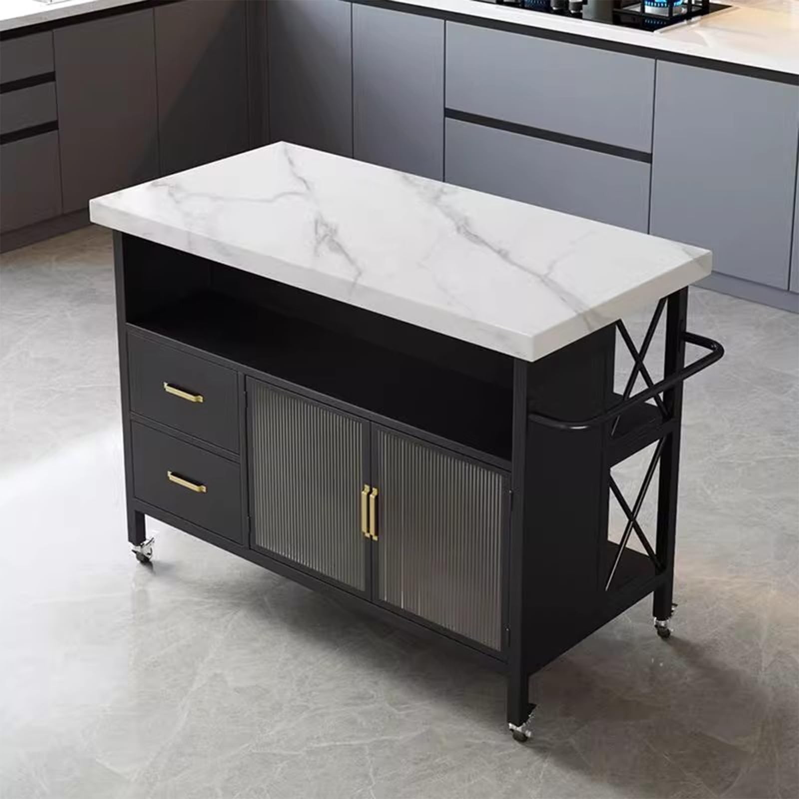 Armadietto per la preparazione della cucina Carrello portaoggetti mobile in metallo con isola da cucina piano in pietra e armadietto cassetti(Nero,Piccolo)