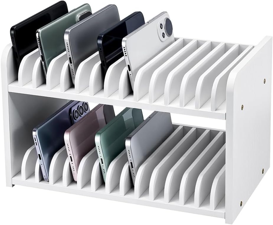 peacoblue 30 Slots Cell Phone Storage Box Classroom CellPhone Holder, 2-Tier Wooden Multiple Mobile Phone Storage Case Rack Caddy Organizer for Classroom Office Desktop, White