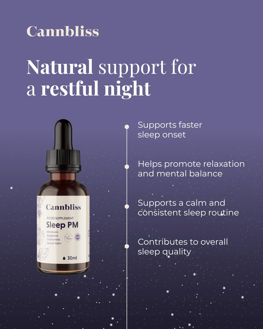 Sleep PM gotas para dormir a base de melatonina, manzanilla, melisa y bergamota 30 ml. Suplemento natural para el sueño sin gluten, lactosa ni alcohol. Sueño profundo y reparador