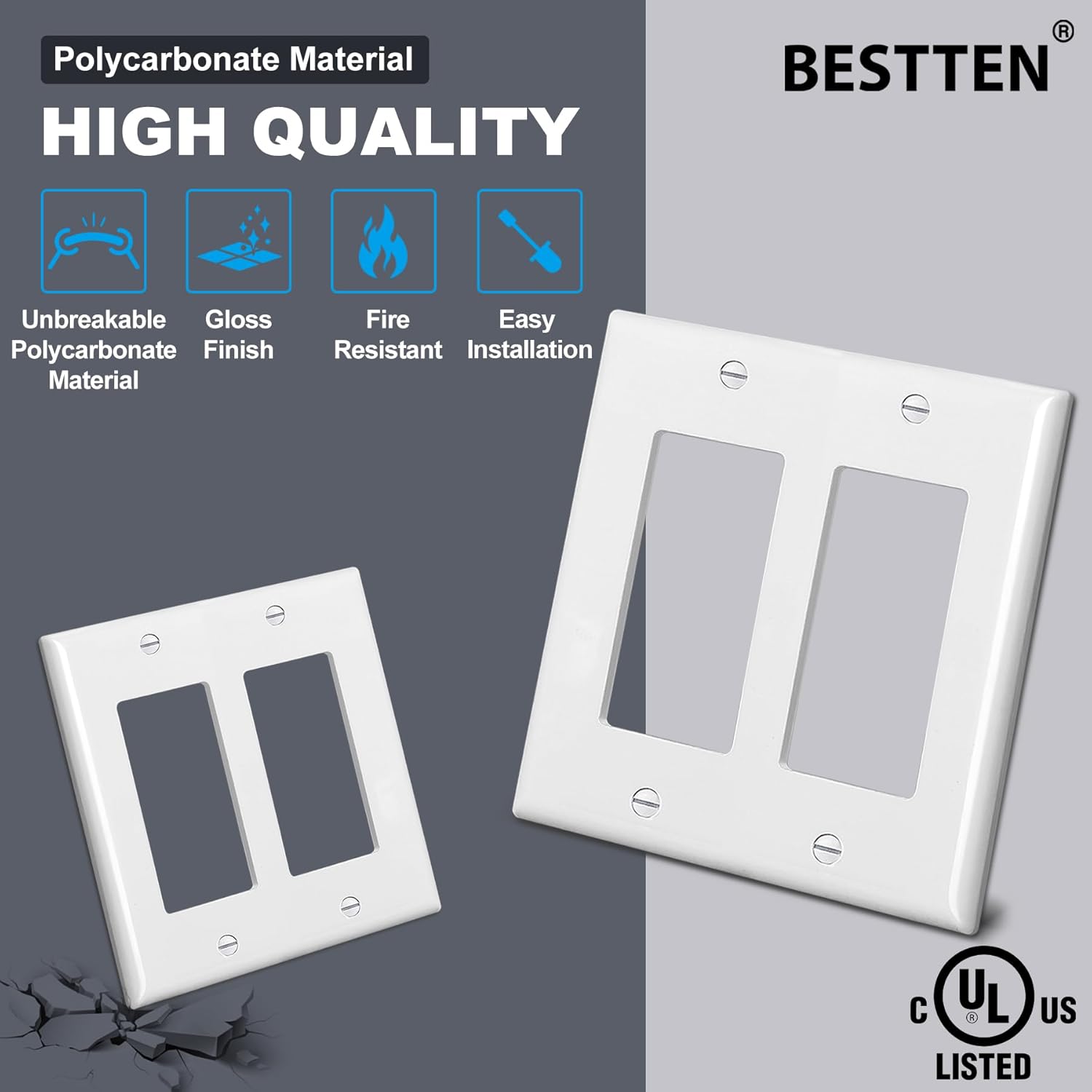[10 Pack] BESTTEN Decorator Wall Plate, 2 Gang Standard Size Outlet Cover for GFCI and USB Receptacles, H4.53” x W4.57”, Unbreakable Polycarbonate Material, UL Listed, White