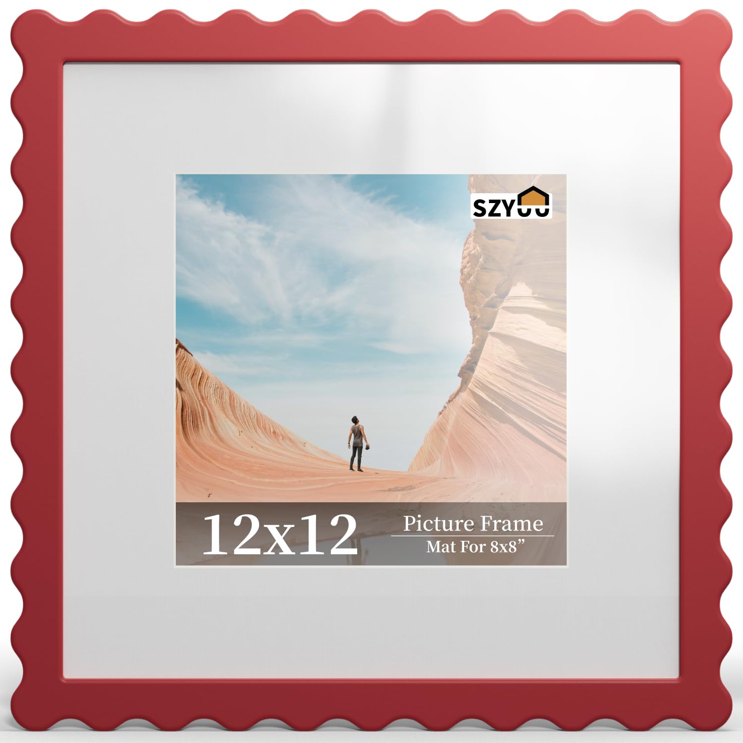 SZYUU 12x12 Wavy Picture Frame with Mat for 8x8, Real Glass and Wooden​ Frame - Tabletop or Wall Hanging Photo Frame(1 Pack,Red) — image 1