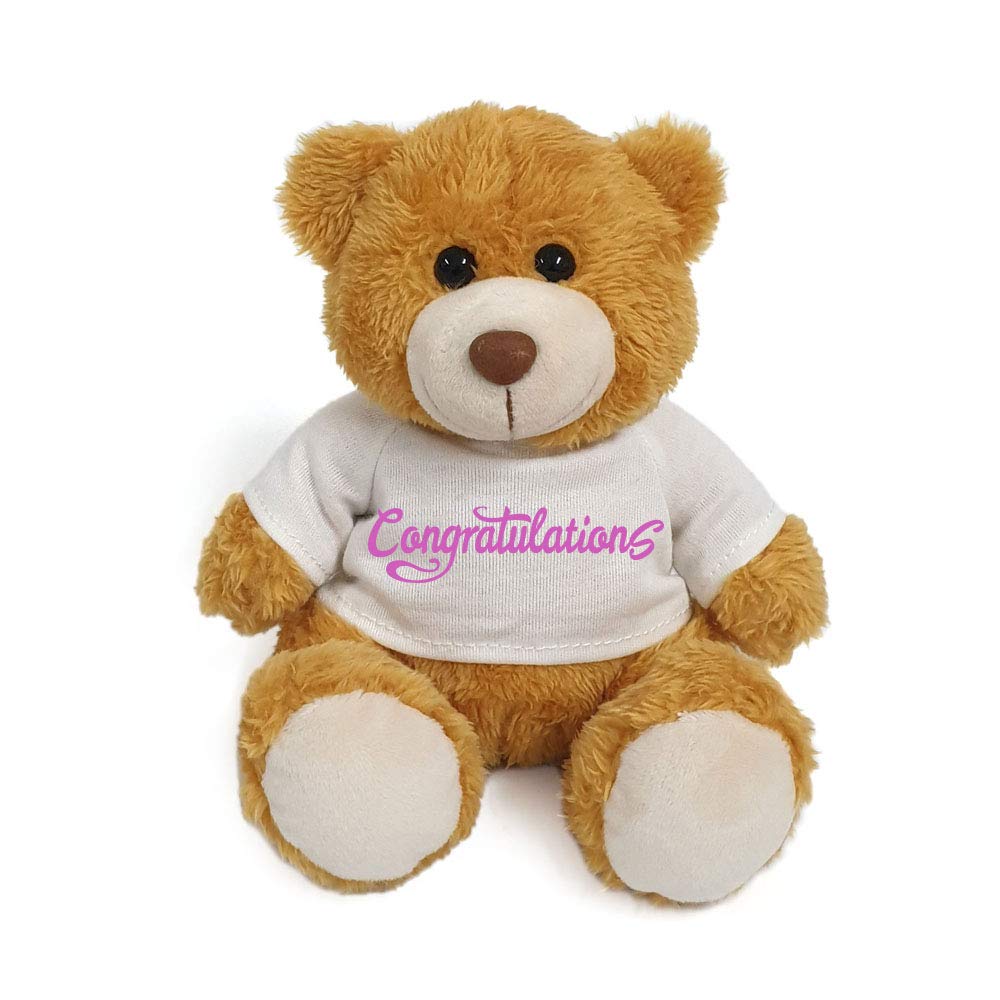 Super soft golden teddy bear with white congratulations T-shirt, size 15cm. Ideal for celebrations,graduations, baby births, boys, girls, parties. Soft and cuddly.