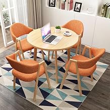 RUNNUP Dining Room Table and Chairs for 4, Modern Round Coffee Table Set and Upholstered Chairs, Negotiating Table Set, 5 Piece Set Natural Table & 4 Light Orange Chairs