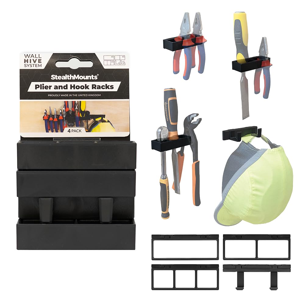 StealthMounts Wall Hive System Pliers & Hook Racks – 4 Pack Tool Holders for Garage & Workshop Storage – Heavy Duty Wall Mount for Pliers, Hammers, Screwdrivers & More