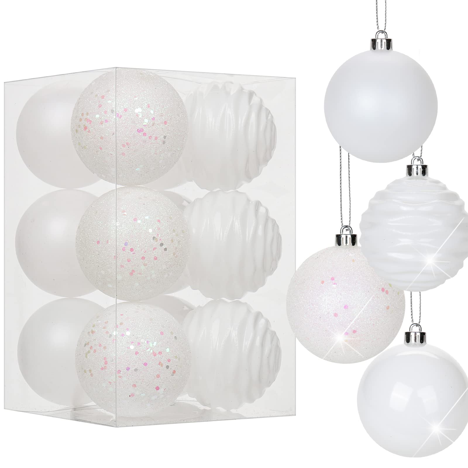 Oairse 8cm/3.15" Pearl-White Christmas Baubles 12 pcs Shatterproof Tree Ornaments with Hanging Strings, Large Christmas Tree Decorations Set for Wedding Holiday Party Wreath Xmas Halloween Home Decor