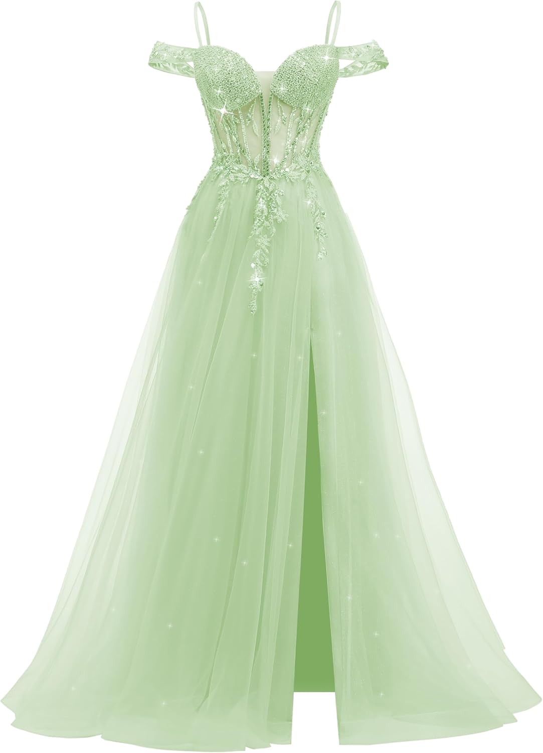 Sparkly Tulle Prom Dresses 2026 Off Shoulder Sweetheart Ball Gown Beaded Formal Dress with Slit