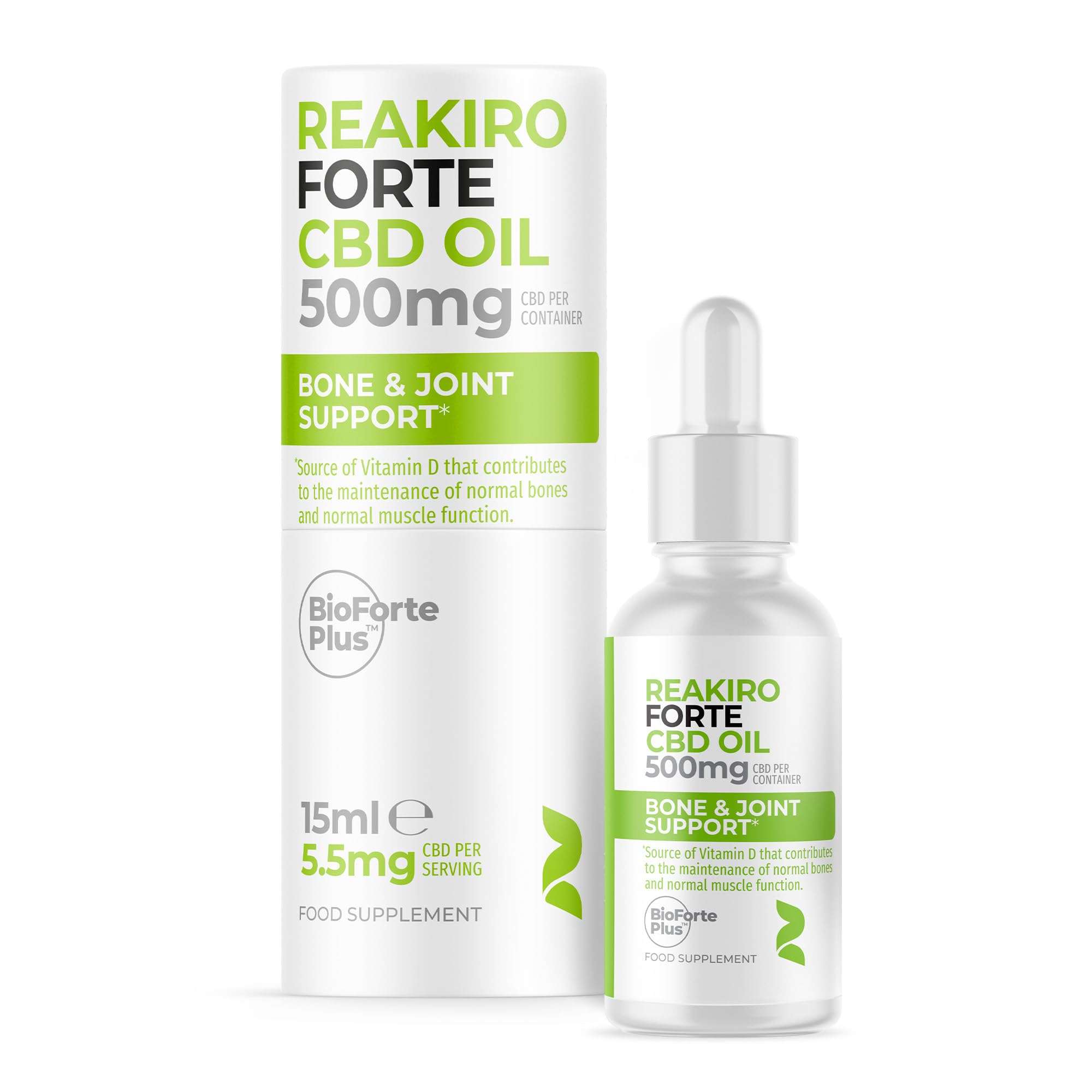 Reakiro Forte CBD Oil Bone & Joint Support 500mg, 15ml I 5.5mg Cannabidiol CBD Oil per Serving I with Vitamin D3 I Enhanced BioAvailability