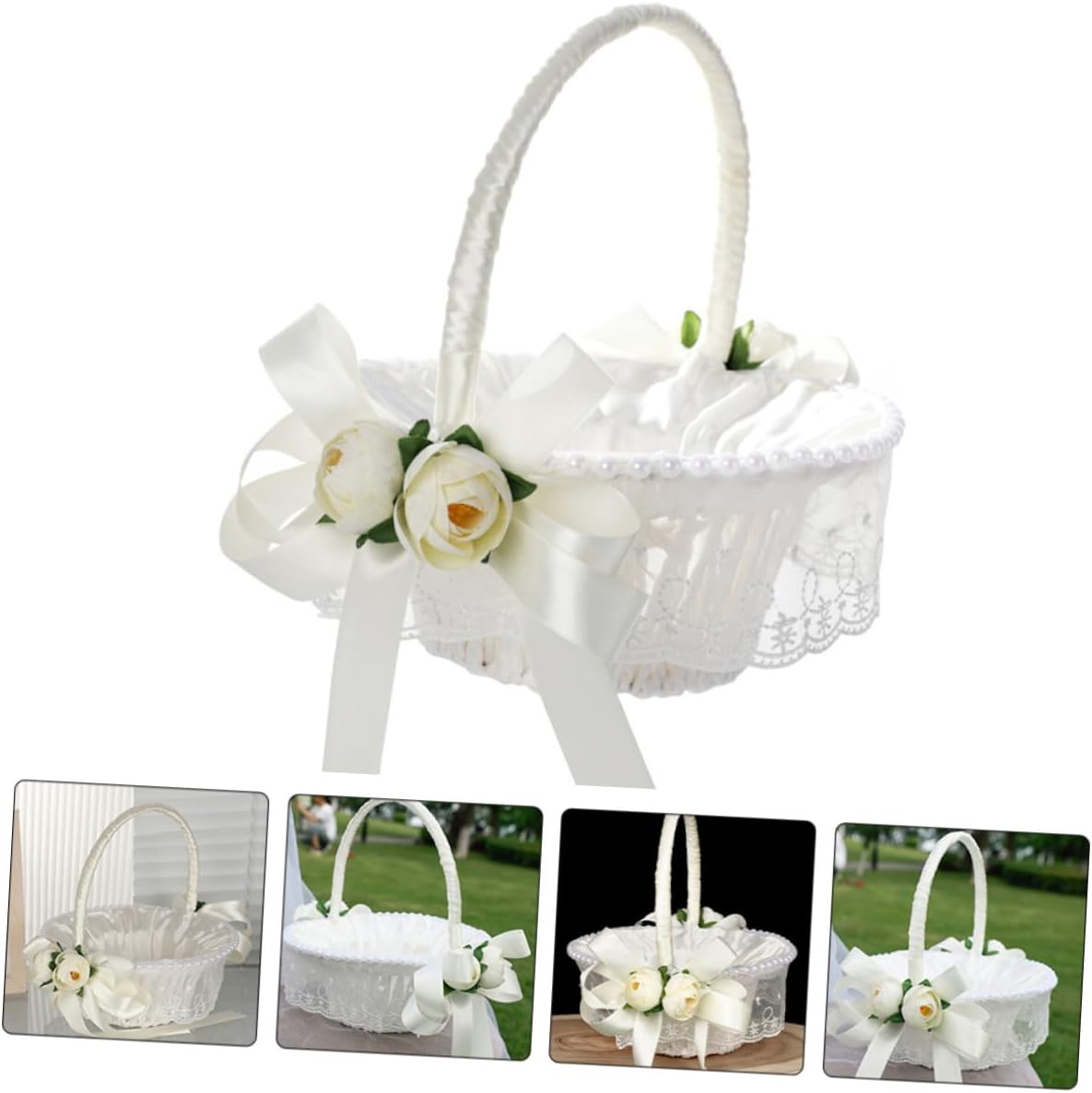 Rustic Woven Flower Girl Basket Small Wedding Ceremony Basket with Ribbon Handle for Rose Petal Collection and Party Favor Storage
