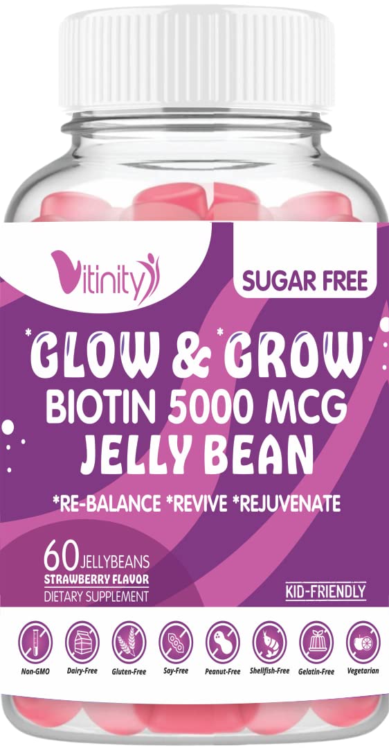 VITINITY Biotin 5000 Mcg Extra Strength Vegetarian (Vitamin B) Sugar-Free Supplement-Supports Healthier Hair & Skin - Women & Men 60 Veggie Sugar-Free Jelly Beans (30 Day Supply) BIOTIN 5000 MCG 120 Count