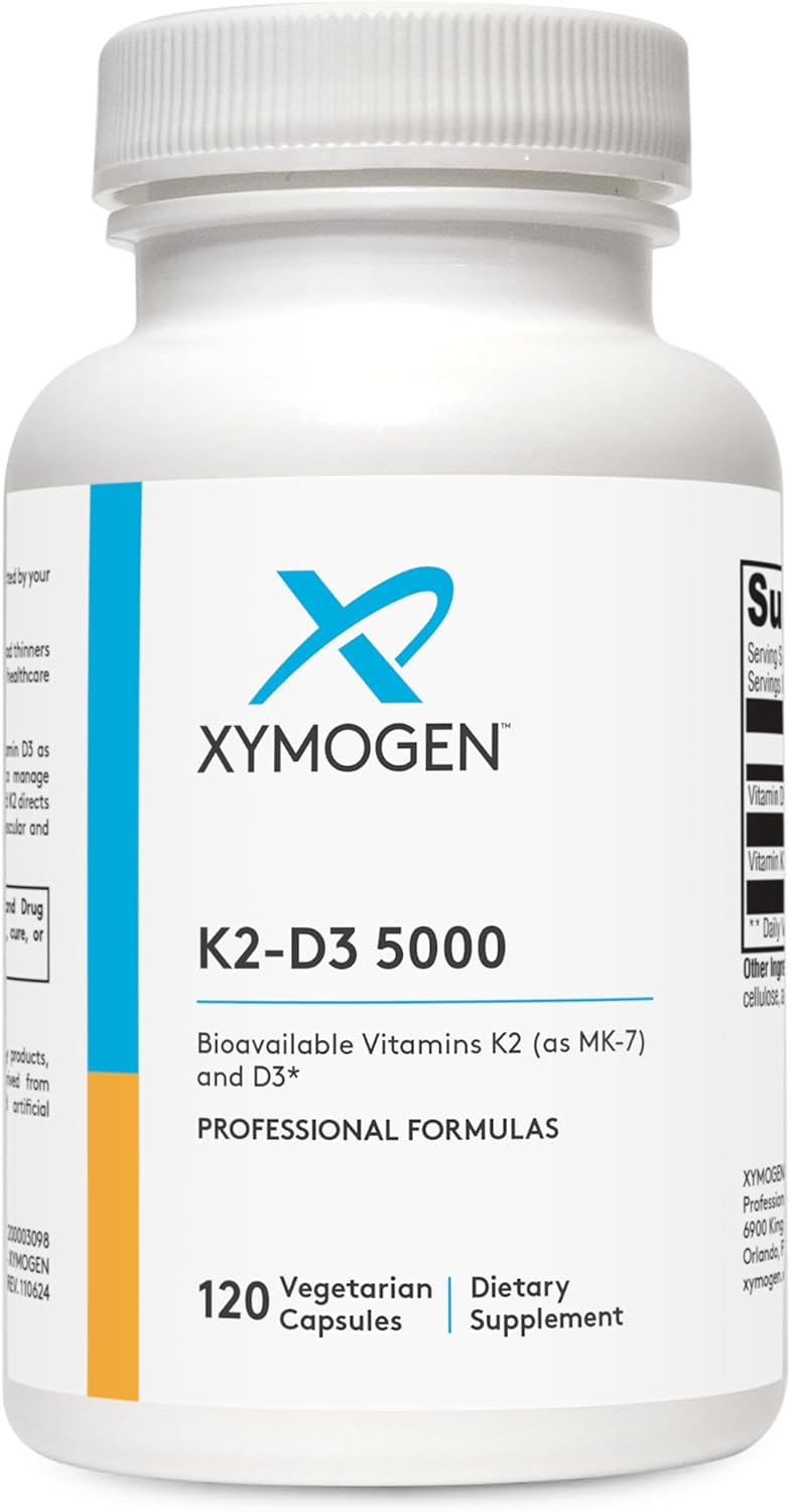 XYMOGEN K2-D3 5000 - Vitamin D3 K2 - Bioavailable Vitamin D 5000 IU (Cholecalciferol) with MK-7 - Heart, Arterial, Bone Health + Immune Support Supplement (120 Capsules)