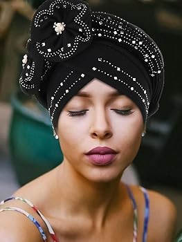 JDYaoYing Rhinestone Flower African Turban Headwrap For Women - Elastic Slip-On Head Scarf, Pre-Tied (Red, 6")