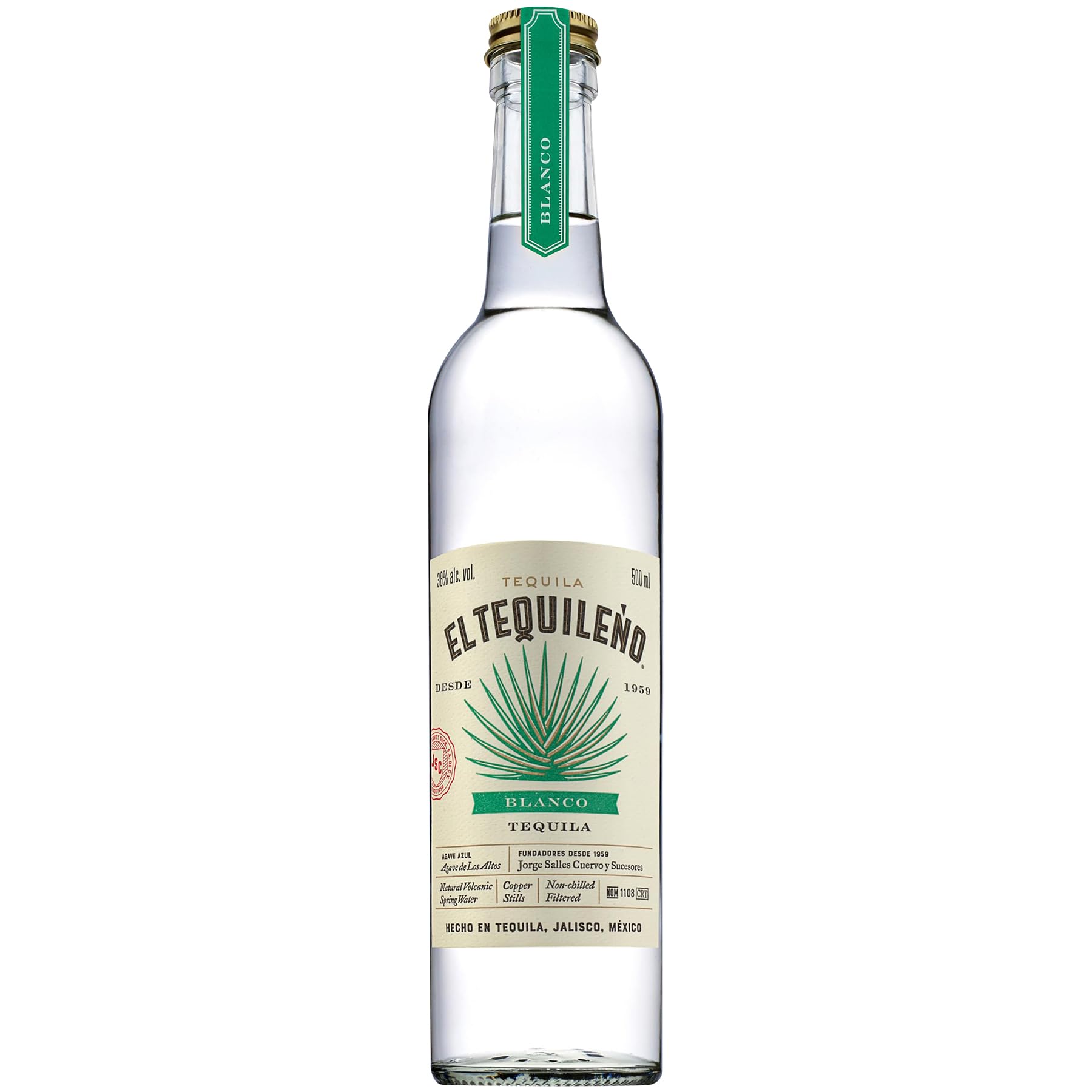 El Tequileño Blanco Tequila 50cl, 38% ABV | 70% Jalisco Blue Agave, Vegan and Gluten Free, Smooth and Sweet Agave, Family Owned Distillery