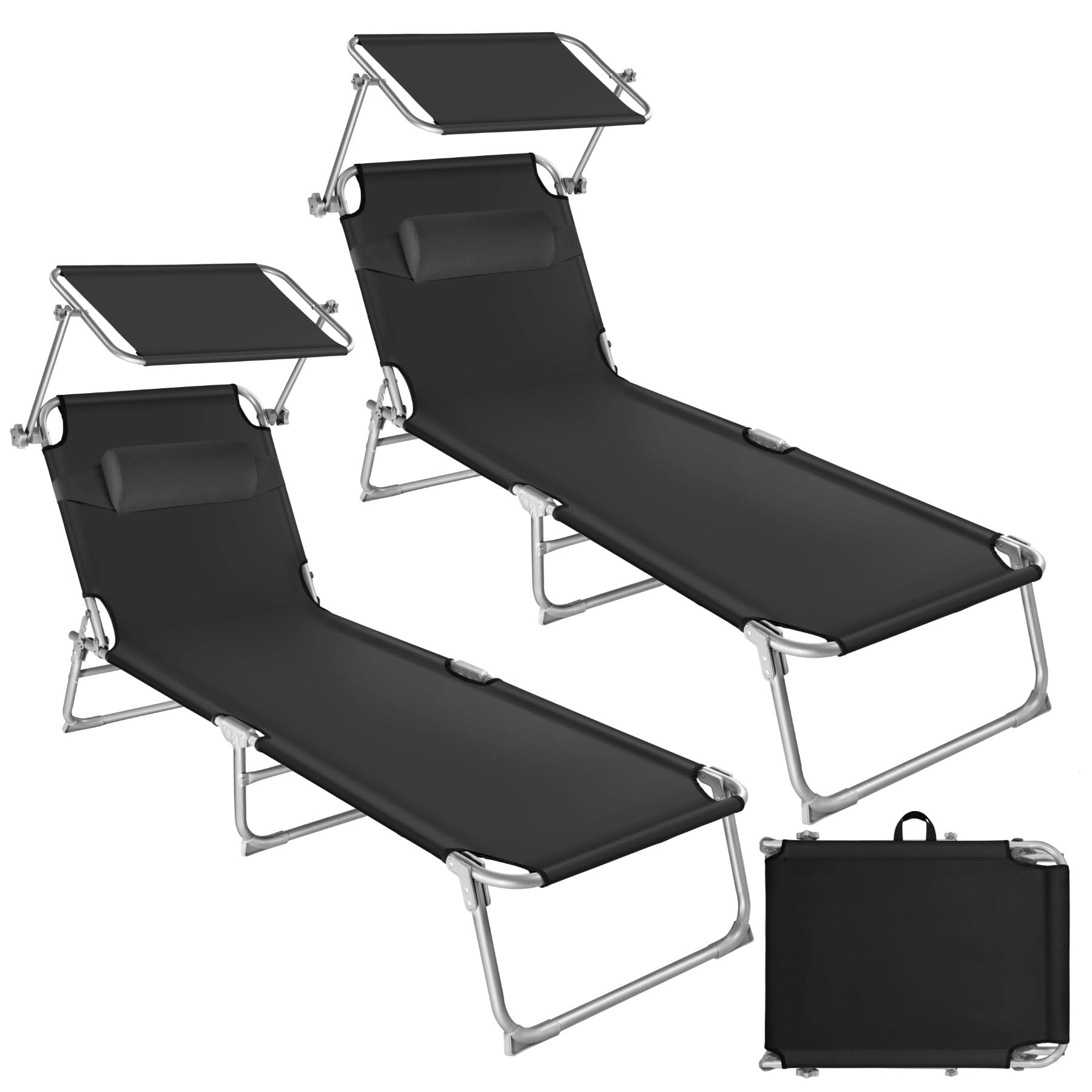 TecTake® Set de 2 Tumbonas Jardín Exterior con Parasol y Respaldo Regulables, Tumbona Plegable con Reposacabezas, Tumbona Playa Resistente a la Intemperie, Tumbona Piscina Carga Máx. 110 kg - Negro