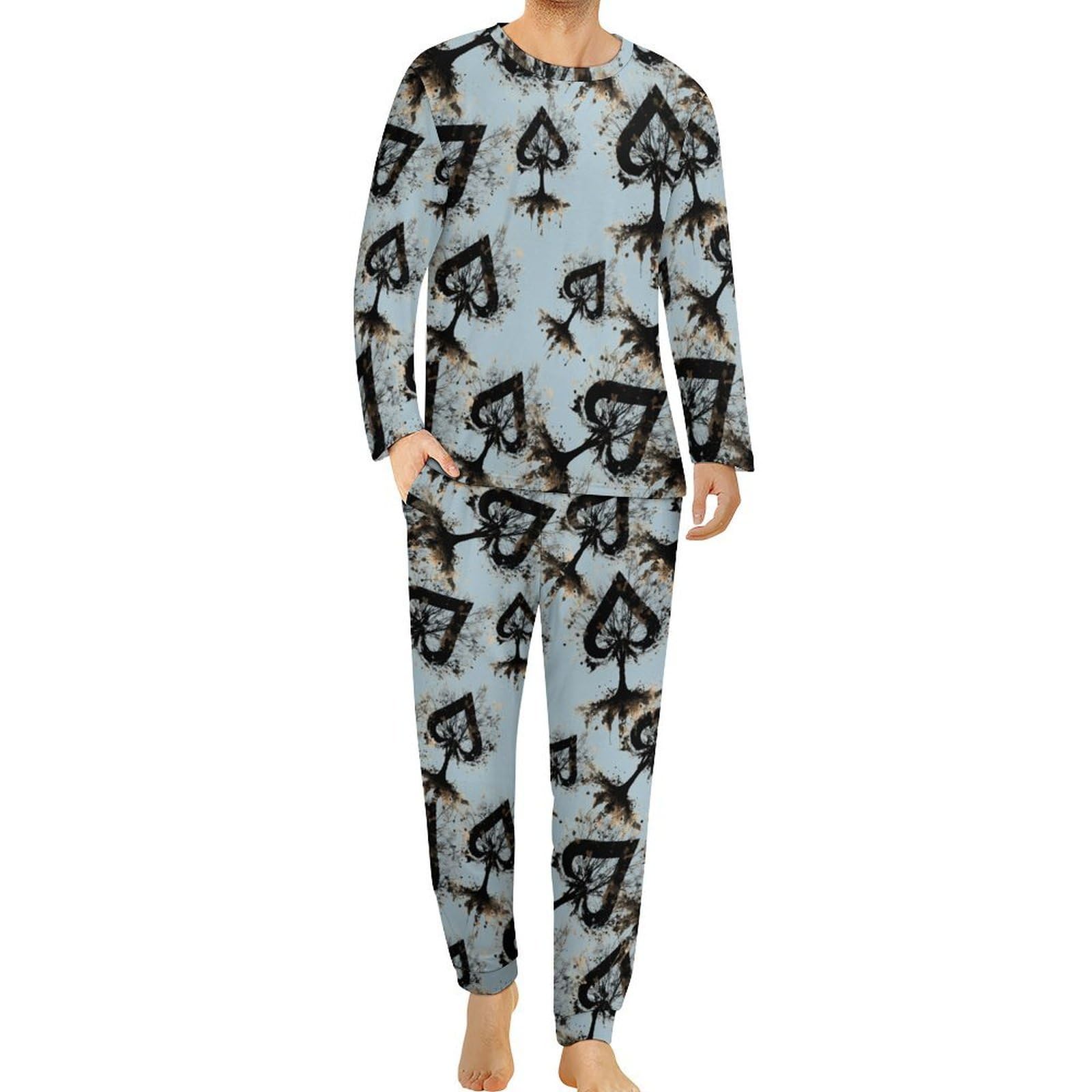 Juego de pijama para hombre de 2 piezas con cuello redondo y manga larga, suave parte superior e inferior transpirable para todas las estaciones