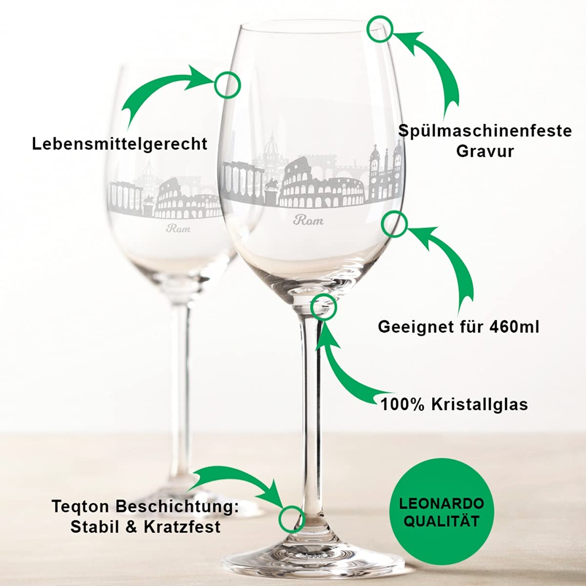 GRAVURZEILE Leonardo Weingläser mit Gravur - Skyline Rom als Set - Personalisiert mit Wunschtext inkl. bedruckter Holzkiste - Souvenir Andenken & Mitbringsel - Geschenk für Sie & Ihn