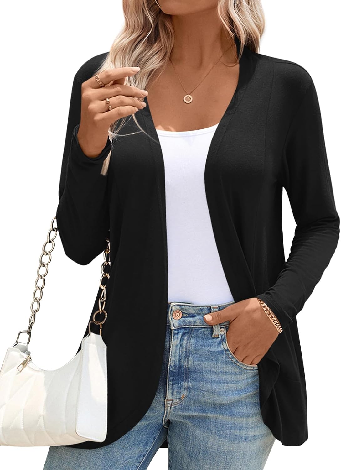 Anymiss Womens Open Front Long Sleeve Cardigan - Lightweight Casual Draped Cover Up S-2XL