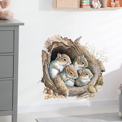 Calcomanía de pared con diseño de ardillas en el agujero del árbol, diseño de animales para guardería, removible, despegar y pegar, para niños,