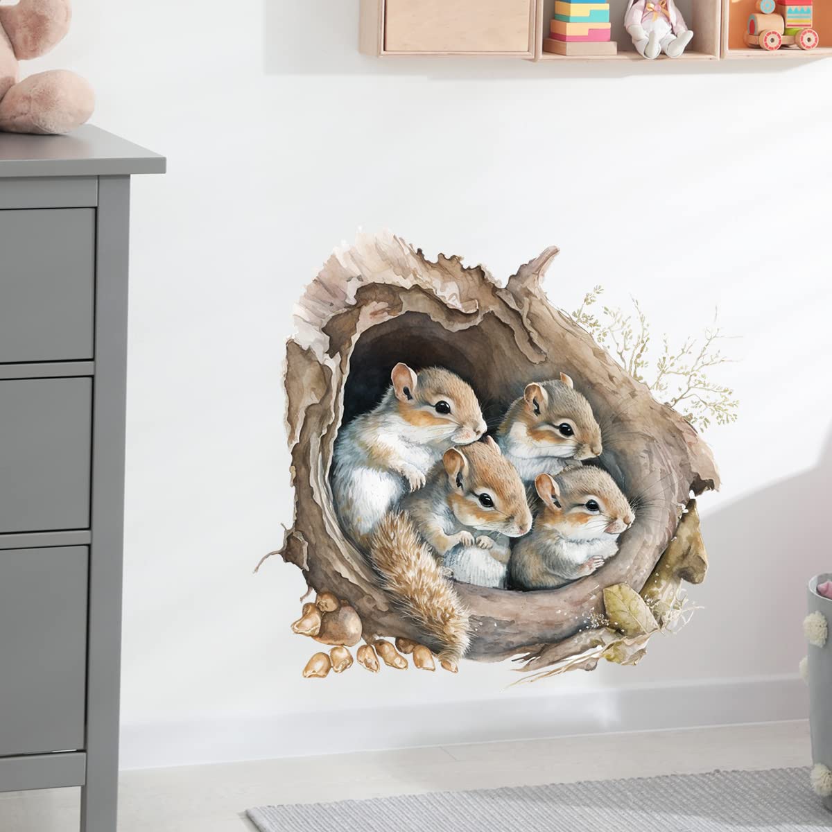 RoyoLam Cute Lifelike Squirrels in The Tree Hole Wall Decal Nursery Animal Wall Sticker Removable Peel and Stick Wall Art Decor Stickers for Kids Baby