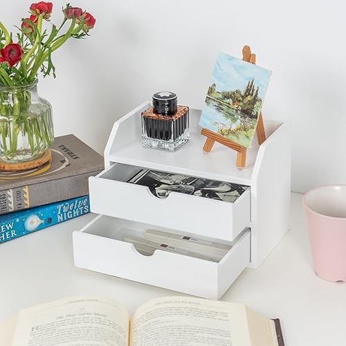 Miniatura 4 de ROSE BLOOM Organizador de escritorio de madera blanca con 2 cajones, mini armario lindo con estante de almacenamiento para mesa, organizador de caja