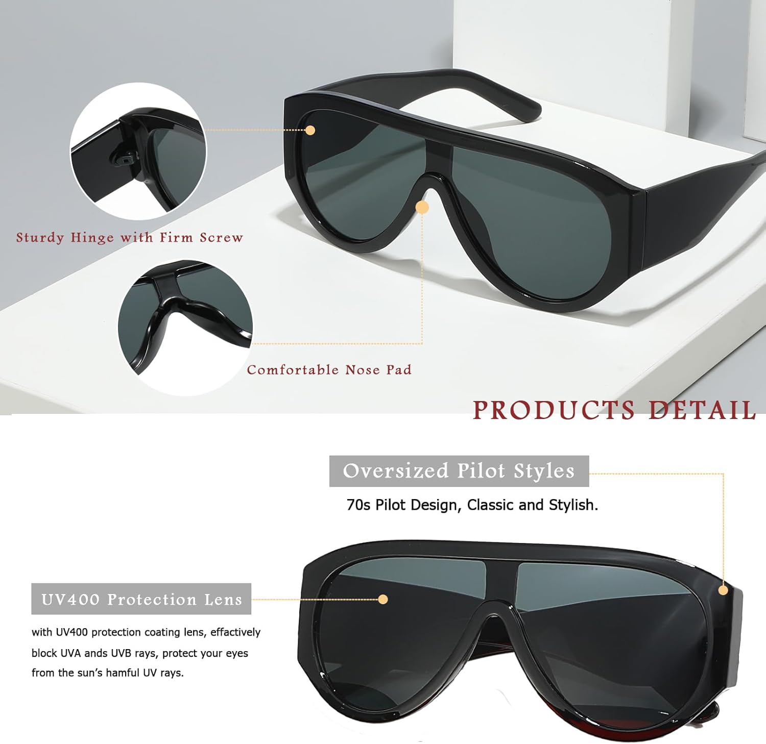 Long Keeper Oversized Pilot Sunglasses for Women Men Retro 70s Thick Square Sunglasses Trendy Flat Top Sheild Glasses UV400 - Image 4