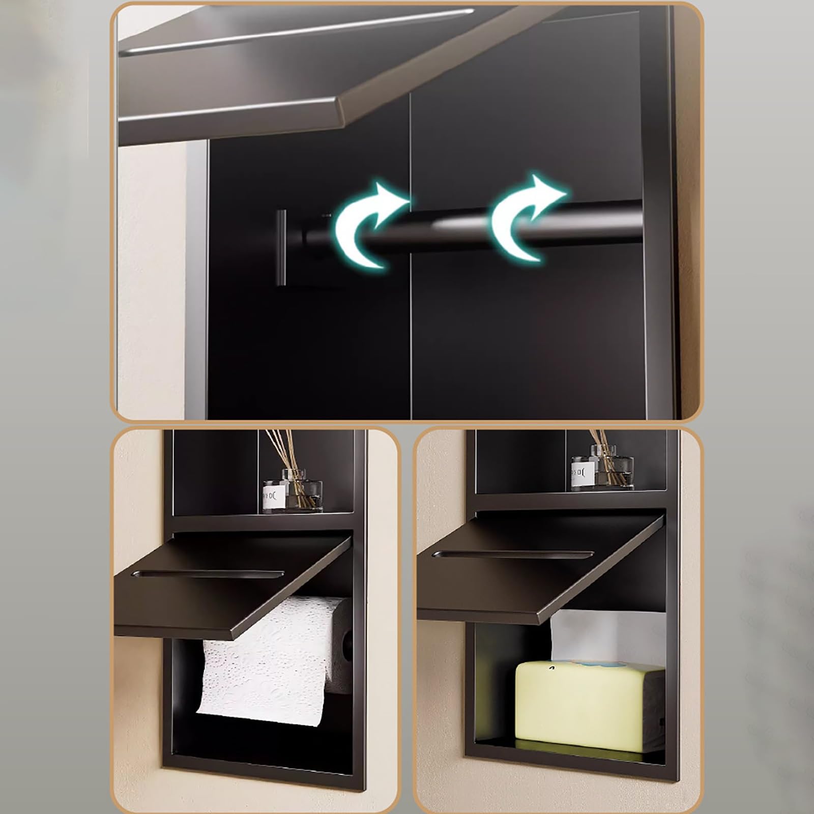 Portarrollos Papel Higiénico Empotrable con Papelera Integrada, Hornacina de Baño de Acero Inoxidable 304, Porta Rollos Pared, Ahorro de Espacio para Papel y Residuos(Nero,800x180mm)