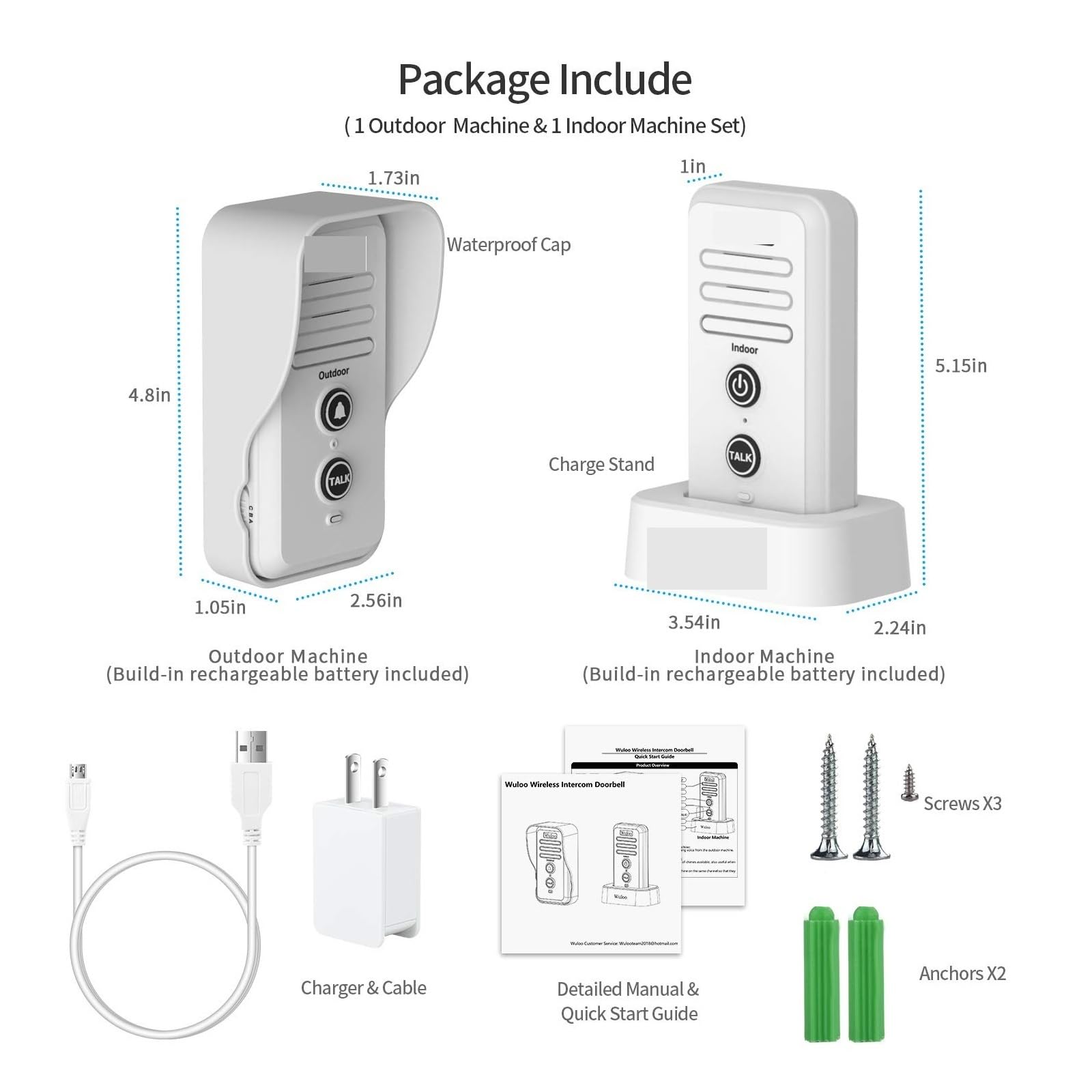 Intercomunicador inalámbrico, Timbres inalámbricos de 0,5 millas de alcance, de intercomunicación, ajuste de volumen, receptor de timbre recargable, tapa impermeable(Black Receiver)