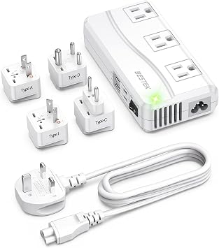 BESTEK Universal Travel Adapter 220V to 110V Voltage Converter, 250W Step Down Power Converter with 4 USB Ports & 3 AC Outlets and EU/UK/AU/US/India Worldwide Plug Adapter