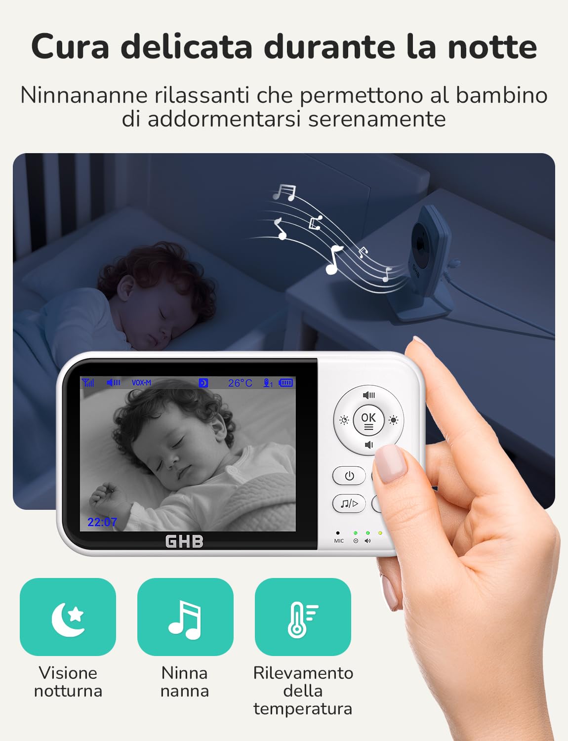 GHB Baby Monitor Video e Audio 3.2'', 2100mAh Monitor Baby con Telecamera, Visione Notturna, Modalità VOX, Rilevamento della Temperatura, Interfono Bidirezionale, Ninna Nanna