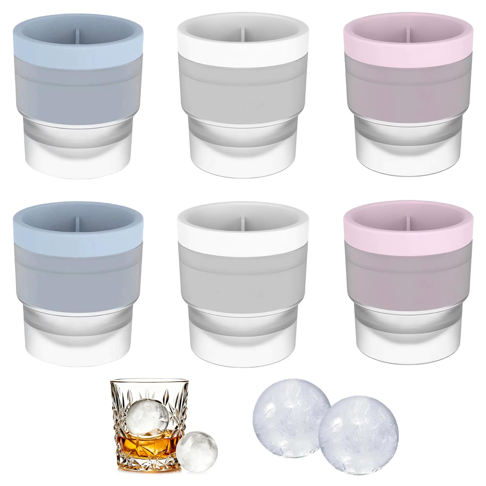 6Pcs Ice Ball Mould, Silicone Ice Ball Makers, Sphere Ice Cube Mould for Home Bars and Parties, Easy to Demold Round Ice Cube Moulds, for Jelly Milk Juice Chocolate or Cocktails Whiskey